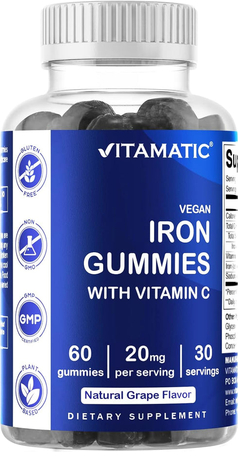 Vitamatic Iron Gummies Supplement for Women & Men - 60 Vegan Gummies with Vitamin C, 20mg Serving (Pack of 2)