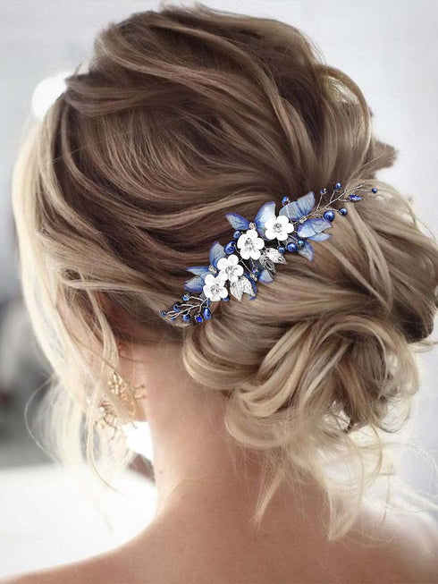 Unicra Butterfly Bride Wedding Hair Vine, Blue Pearl Bridal Hair Piece, Rhinestone Headband for Women