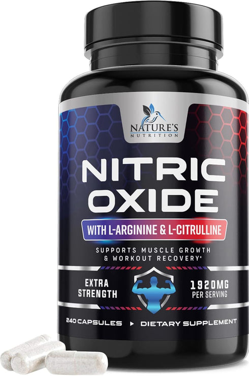 Extra Strength Nitric Oxide Supplement, L Arginine 3X Strength, Premium Muscle Booster, 240 Capsules