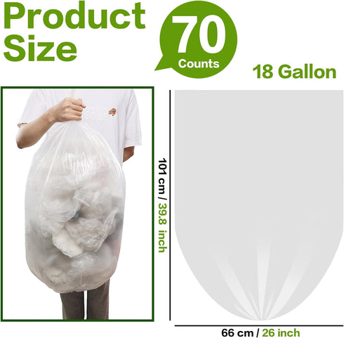 18 Gallon Large Garbage Trash Bags, Clear Yard Waste Bags, 70 Counts by Pekky