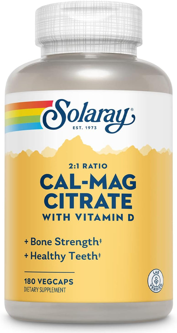 SOLARAY Calcium & Magnesium Citrate 2:1 Ratio w/Vitamin D-3, Healthy Bones, Muscle & Nervous System Support, 180