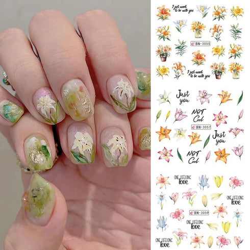 12 Sheets Lily Flowers Nail Stickers, Water Transfer Decals for Spring Floral Nail Art Design