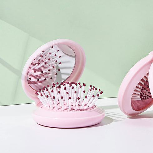 Mini Folding Hair Brush with Mirror, Compact Pop Up Pocket Brush, Small Travel Size Flip Hair Brush for Purse, Pink