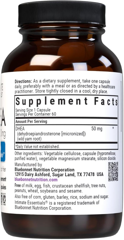 Bluebonnet Nutrition Intimate Essentials DHEA 50mg, for Fertility Function and Optimal Hormone Levels in Both Men and Women*, Non-GMO, Kosher, Vegan, Gluten-Free, 60 Vegetable Capsules, 60 Servings
