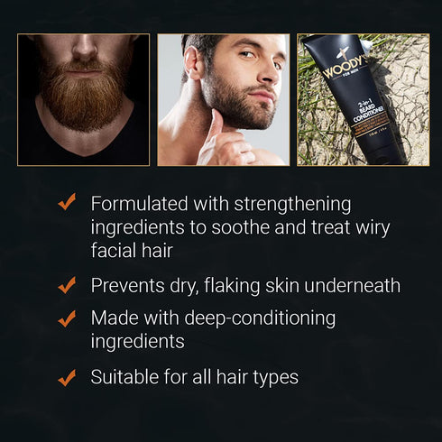 Woody's 2-in-1 Beard Conditioner for Men – Moisturizes & Conditions Dry Flaky Beards with Botanicals, 4fl oz, 2 Pack