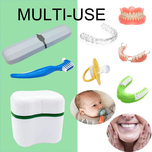 Denture Case Kit with 2 Bath Cups, 2 Denture Brushes & 2 Portable Toothbrush Boxes for Travel