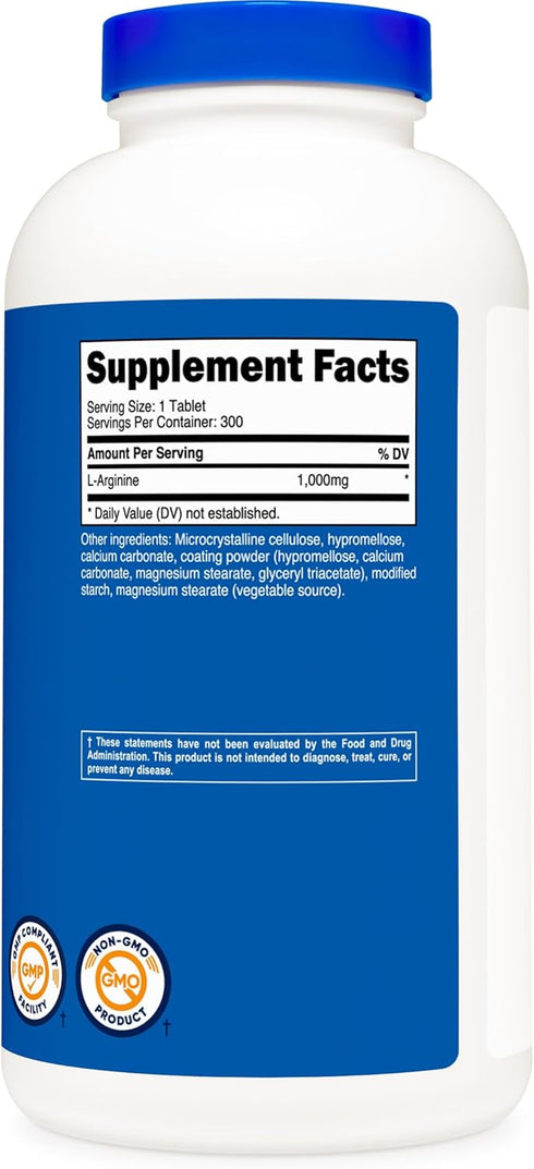 Nutricost L-Arginine 1000mg Amino Acid Tablets, 300 Tablets