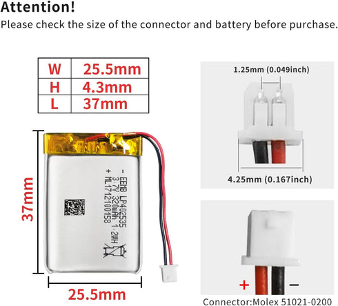 EEMB 4PACK Lithium Polymer Battery 3.7V 320mAh 402535 Lipo Rechargeable Battery Pack with Molex Connector