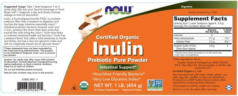 NOW Supplements, Inulin Prebiotic Pure Powder, Certified Organic, Non-GMO Project Verified, Intestinal Support*, 1-Pound