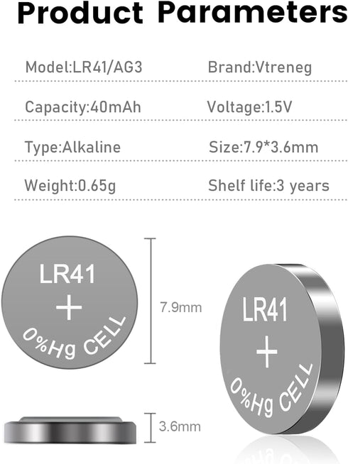 Vtreneg 10 Pack LR41 AG3 392 384 192 L736 L736f 1.5V Button Batteries Alkaline Battery for Thermometer