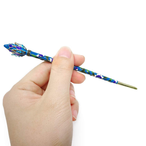Honbay Vintage Cloisonn Hair Stick with Lotus, Chinese Traditional Style Hairpin, Peacock Blue