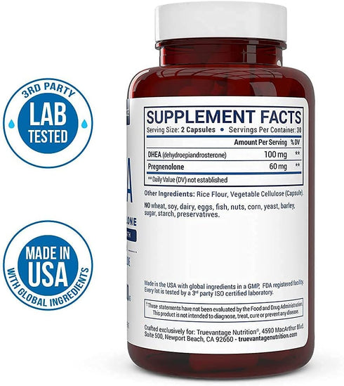 DHEA 100mg Supplement with Pregnenolone 60mg - Supports Hormone Balance, Energy, Mood, Healthy Aging