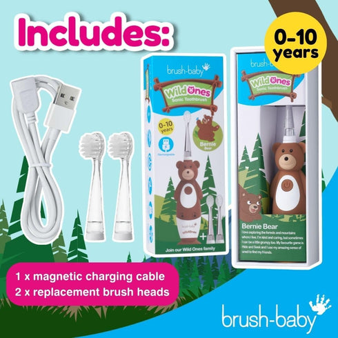 brush-baby WildOnes Kids Electric Rechargeable Toothbrush Bear - 1 Handle, 3 Brush Heads, USB Charging Cable (Ages 0-10)