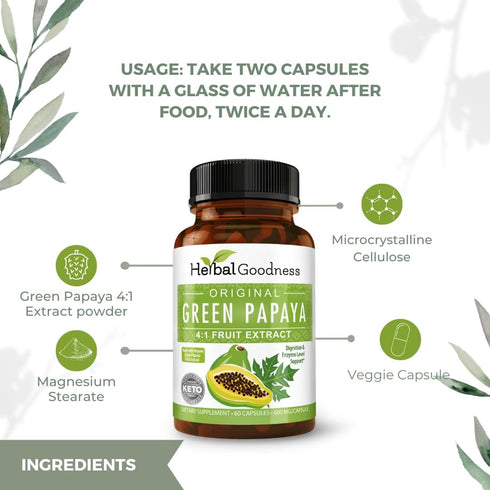 Green Papaya Fruit Extract Capsules, Organic Papaya Enzymes with Prebiotics and Probiotics, 60 Capsules