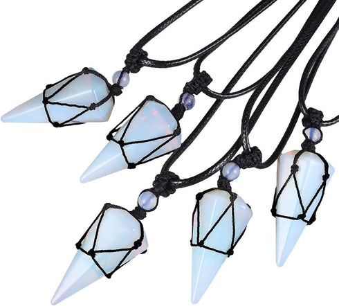 Pack 2 SUNYIK of Black Obsidian & Opalite Pendant Necklace for Couple, Black and White Crystal Point Couple Necklace