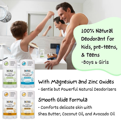 MONA 100% Natural Deodorant for Kids, No Baking Soda or Aluminum, Hypoallergenic & Vegan, HONEYDEW 1.76 Oz