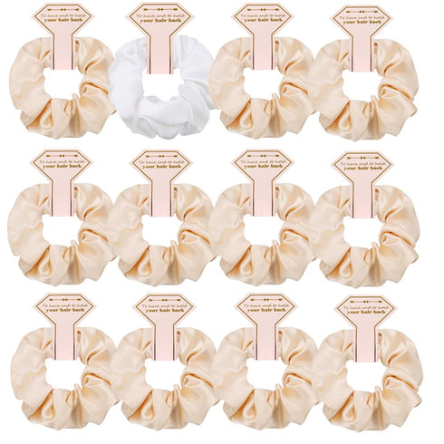 Satin Bridesmaid Scrunchies, 12 Pack Proposal Gifts, Hair Ties for Bachelorette Party Favors, White & Beige