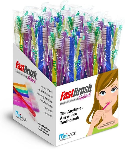 100pcs FastBrush Disposable Toothbrushes with Xylitol Mint, Pre-Pasted, Individually Wrapped in Dispenser Box