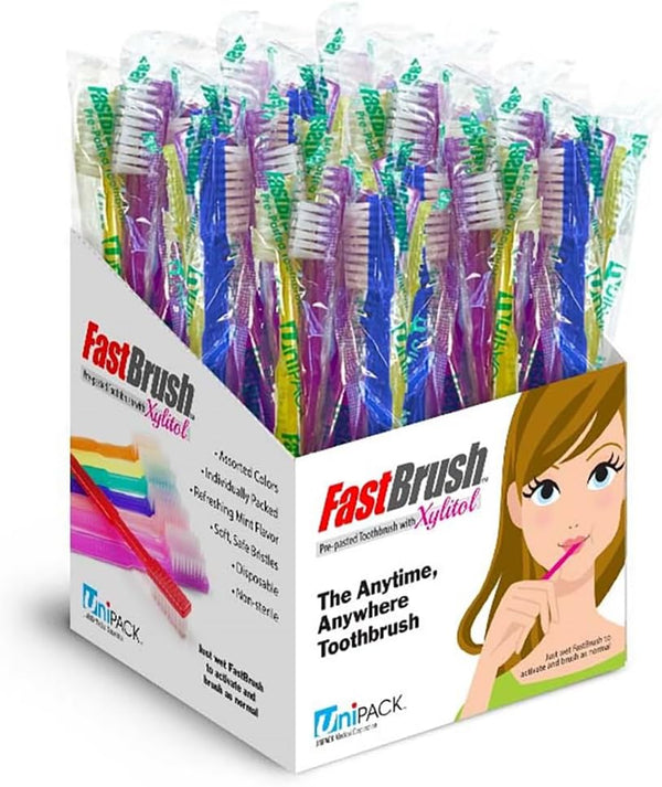 100pcs FastBrush Disposable Toothbrushes with Xylitol Mint, Pre-Pasted, Individually Wrapped in Dispenser Box