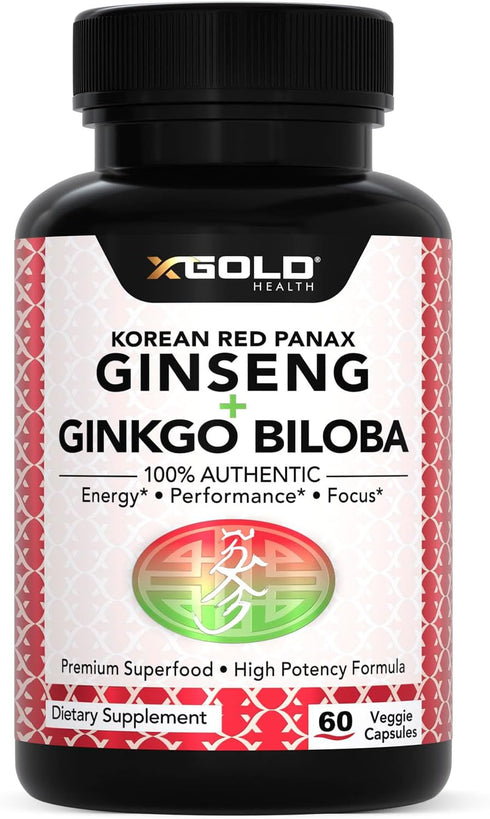 Korean Red Panax Ginseng 1200mg + Ginkgo Biloba Extra Strength Vegan Capsules for Energy, Performance & Focus