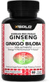 Korean Red Panax Ginseng 1200mg + Ginkgo Biloba Extra Strength Vegan Capsules for Energy, Performance & Focus