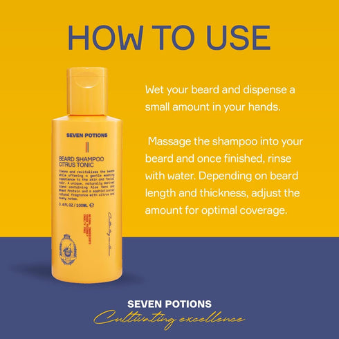 SEVEN POTIONS Beard Shampoo for Men - Natural, Vegan Formula, Gentle Cleansing Wash (Citrus Tonic, 3.4 Fl Oz)