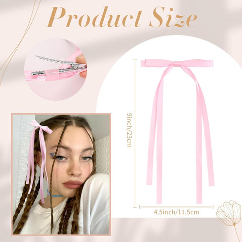 VOBOBE 4PCS Hair Bows for Girls Women, Solid Satin Tassel Bowknot Hair Clips with Long Tail (Pink+White)