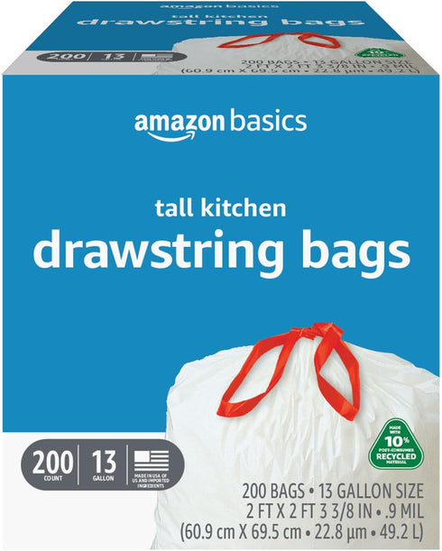 Amazon Basics Tall Kitchen Trash Bags (13 Gallon, 10% Post Consumer Recycled Content) - Unscented, 200 Count