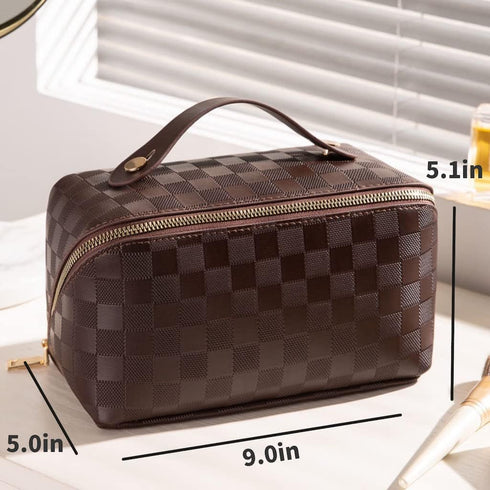 Large Capacity Checkered Makeup Bags, Portable Open-Flat Toiletry Waterproof Bag for Women with Divider and Handle