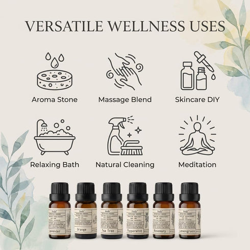 Set 10ml Natural Essential Oils - Pure Scents for Wellness: Lavender, Peppermint, Rosemary, Lemongrass, Orange, Tea