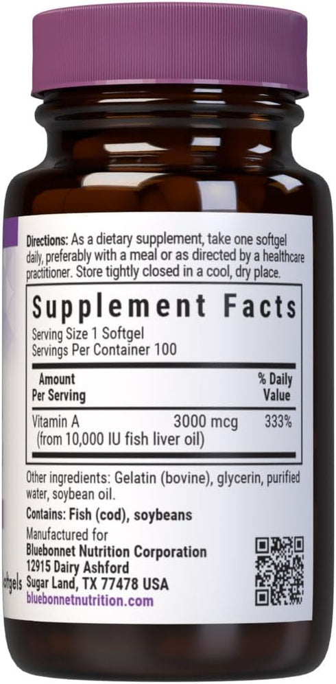 Bluebonnet Nutrition Vitamin A 10,000 IU from Deep Sea, Cold Water, Fish Oil - For Eye Health & Immune Function* - Gluten Free - Dairy Free - Molecularly Distilled - 100 Softgels - 100 Servings