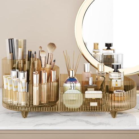 Large Capacity Rotating Makeup Organizer, Easy to Hold 20 Makeup Brushes, 10 Lipsticks, 8 Skincare Products (Crystal