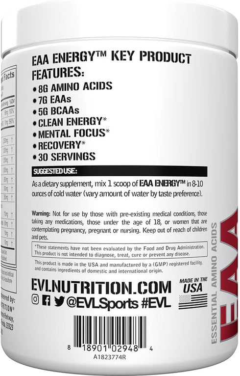 Evlution Nutrition EAA Energy Pre & Post Workout Powder, 7g Essential Amino Acids + 5g BCAAs, 30 Servings