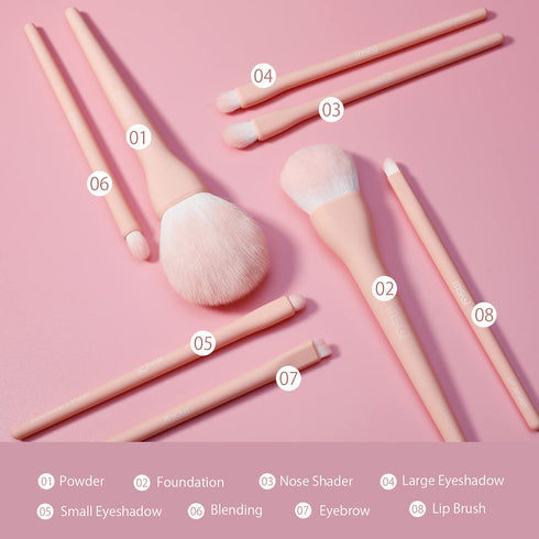 MSQ Make Up Brushes 8Pcs Makeup Brush Set Foundation Brush Blending Brush Eyeshadow Brushes Eye Brushes Set with Bag (Pink)