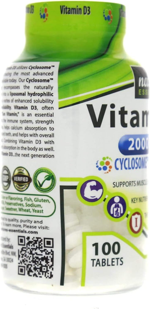 NATURE'S ESSENTIALS Vitamin D3 2000IU, Immune Support, Non-GMO, Gluten Free, Vegetarian, 100 Tablets