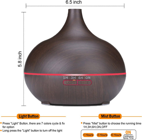 550ml Aroma Diffuser for Large Rooms, Ultra Quiet Essential Oil Diffuser with 7 Light Colors & Timer Setting