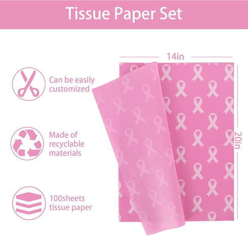 Whaline 100Pcs Pink Ribbon Tissue Paper Breast Cancer Awareness Wrapping Paper Pink Packaging Paper DIY Art Craft Paper for Charity Home Birthday Baby Shower Party Gift Decor, 14 x 20 Inch