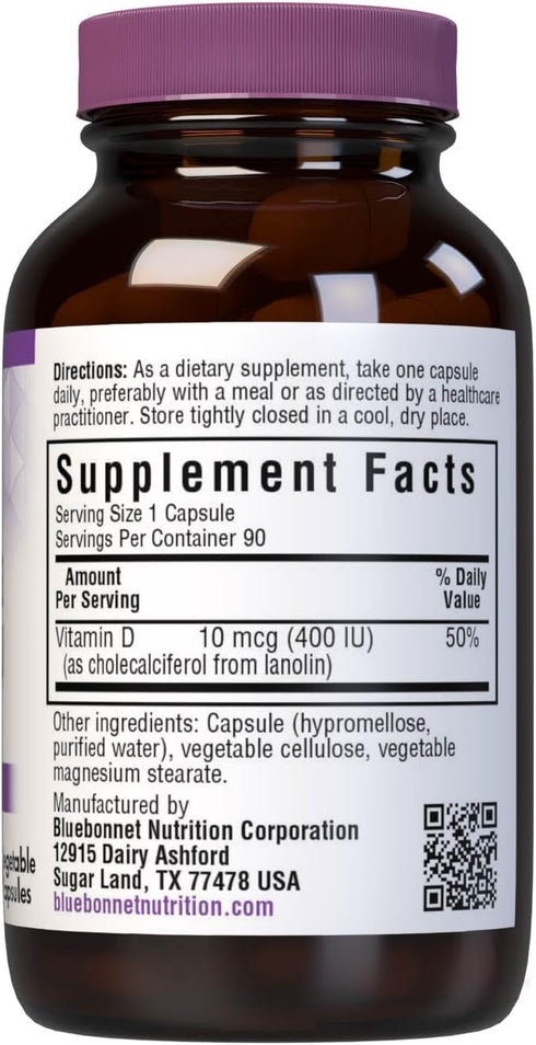 Bluebonnet Nutrition Vitamin D3 400 IU Vegetable Capsule, Aids in Muscle and Skeletal Growth, Cholecalciferol from Lanolin, D3, Non GMO, Gluten Free, Soy Free, Milk Free, Kosher, 90 Vegetable Capsule