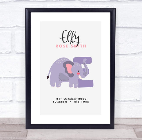 The Card Zoo New Baby Birth Details Christening Nursery Initial Elephant E Gift Print