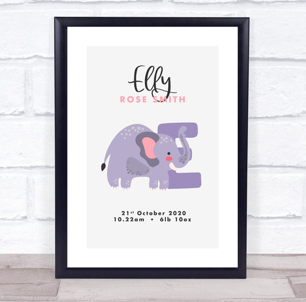 The Card Zoo New Baby Birth Details Christening Nursery Initial Elephant E Gift Print