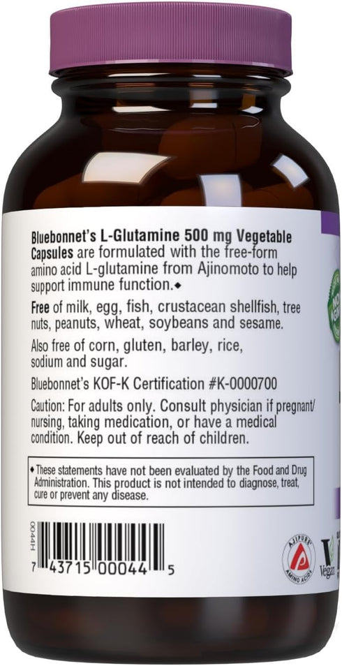 Bluebonnet Nutrition L-Glutamine 500mg, 50 Vegetable Capsules, Supports Immune Function, Vegan, Non-GMO, Kosher