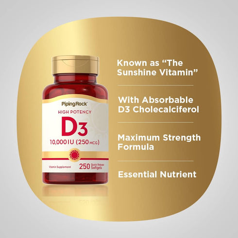 Piping Rock Vitamin D3 10000 IU | 250 Softgels | High Potency, Non-GMO, Gluten Free Supplement
