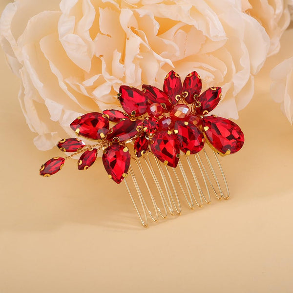 Red Crystal Rhinestone Wedding Hair Comb, Sparkly Bridal Hair Piece for Women and Girls