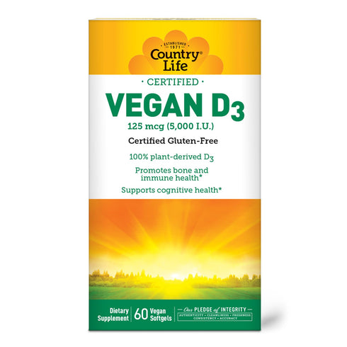 Country Life Vegan D3 5000 IU, Plant-Derived Vitamin D3 from Lichen, 60 Softgels, High Potency Immune Support