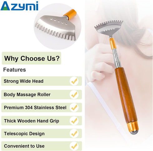 Back Scratcher, Metal Telescopic Back Scratcher with Wooden Handle, Steel Roller Ball, Portable Face Head Scalp