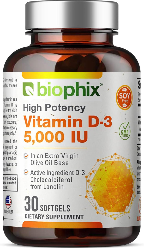 biophix Vitamin D-3 5000 IU | 30 Softgels | High-Potency in Extra Virgin Olive Oil, Non-GMO, Supports Immune Health