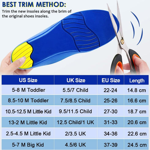 Kids Arch Support Shoe Inserts - Children Orthotics with PU Foam Cushioning for Flat Feet, Plantar Fasciitis Relief
