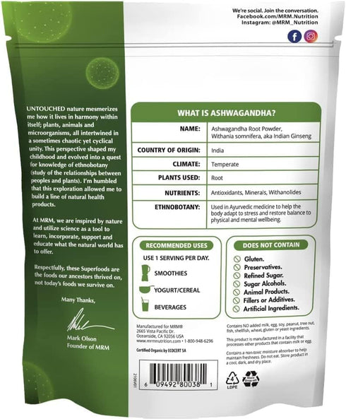 MRM Nutrition Organic Ashwagandha Root Powder | Superfoods | Ancient adaptogen | Antioxidants | Vegan + Gluten-free | 113 servings