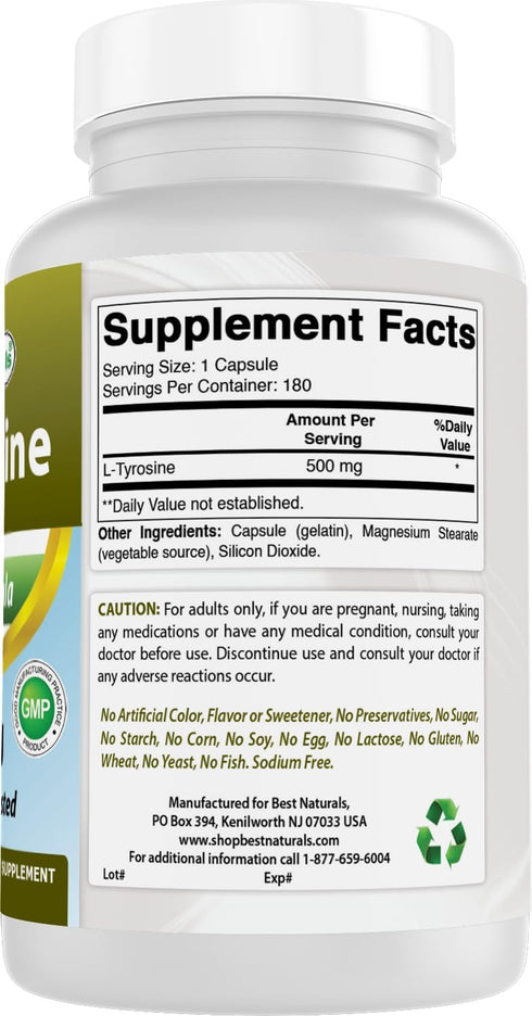 Best Naturals L-Tyrosine 500 Mg - 180 Capsules for Mental Alertness, Energy, Focus & Healthy Glandular Function