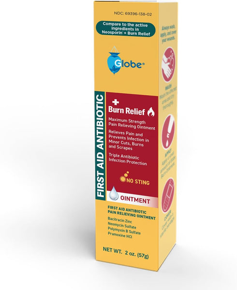 Globe Dual Action Burn Relief & First-Aid Antibiotic Ointment, 24-Hour Infection Protection with Maximum Strength Pain